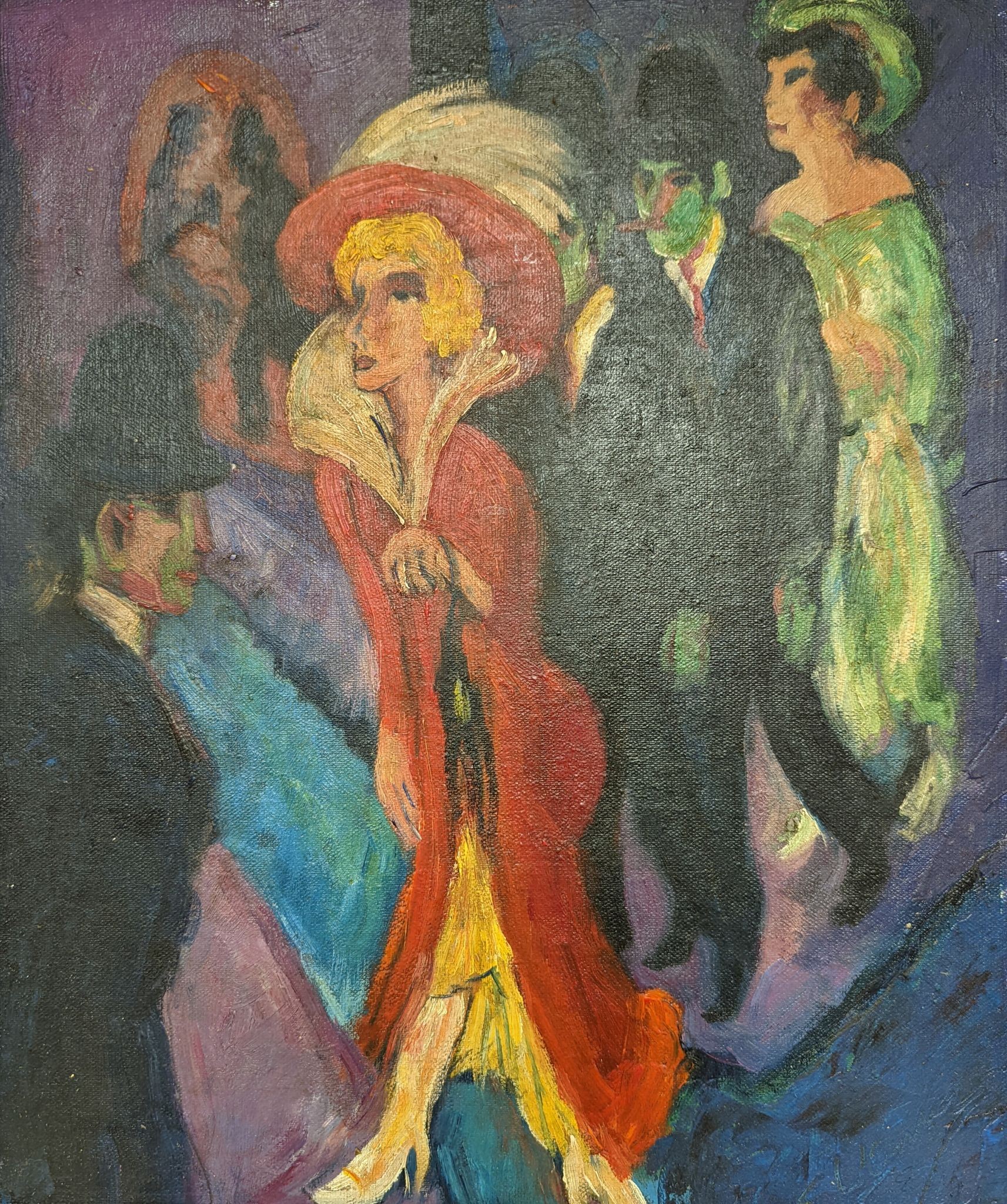 After Ernst Kircher, oil on board, Street scene with woman in a red dress, 39 x 32cm